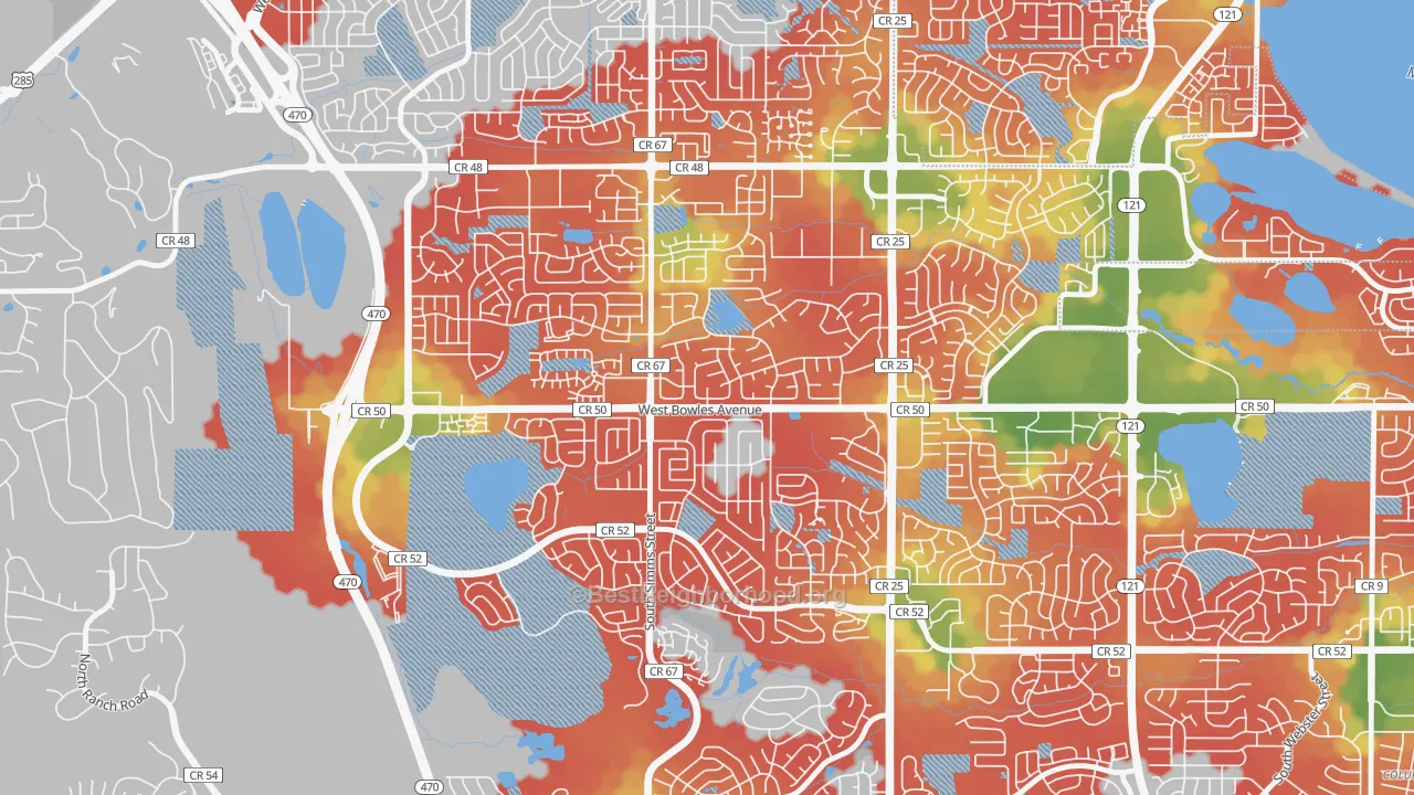 Walk Grade map of Foothill Green, Dakota Ridge, CO, walkable areas in green and car-dependent areas in red