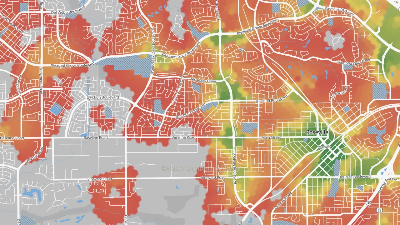Walk Grade map of Foothill Junction, Roseville, CA, walkable areas in green and car-dependent areas in red