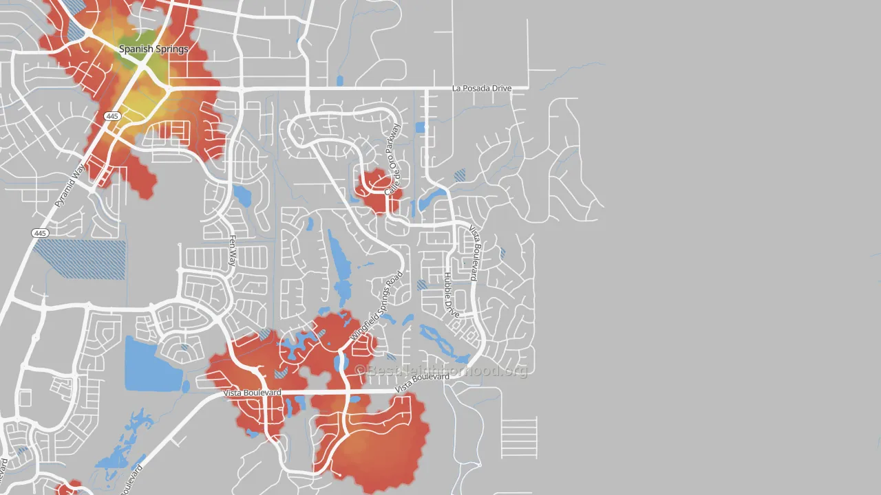 Walk Grade map of Foothill Meadows, Sparks, NV, walkable areas in green and car-dependent areas in red