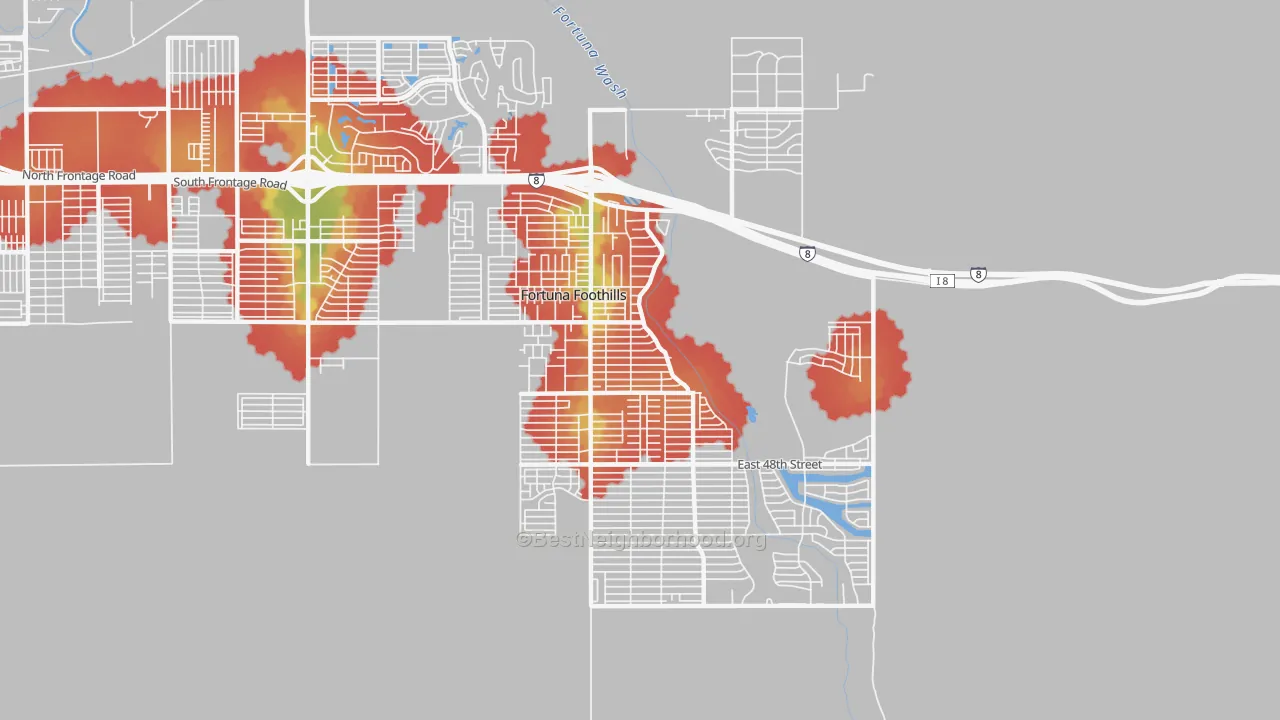 Walk Grade map of Foothills, Fortuna Foothills, AZ, walkable areas in green and car-dependent areas in red