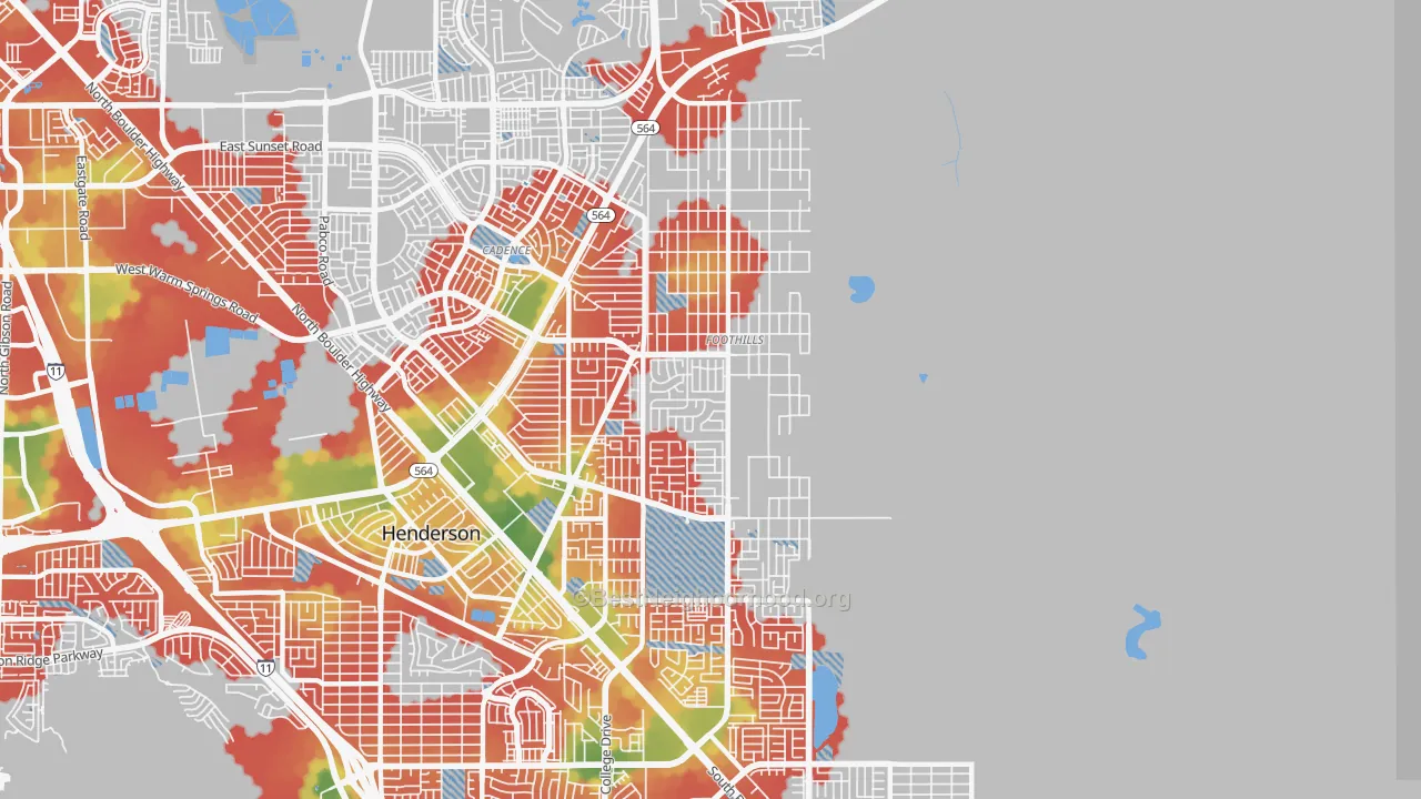 Walk Grade map of Foothills, Henderson, NV, walkable areas in green and car-dependent areas in red