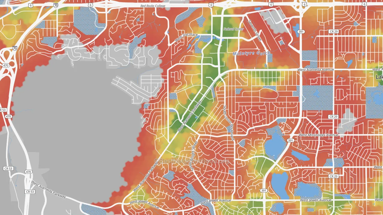 Walk Grade map of Foothills, Lakewood, CO, walkable areas in green and car-dependent areas in red