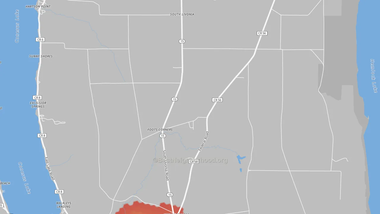 Walk Grade map of Foots Corners, NY, walkable areas in green and car-dependent areas in red