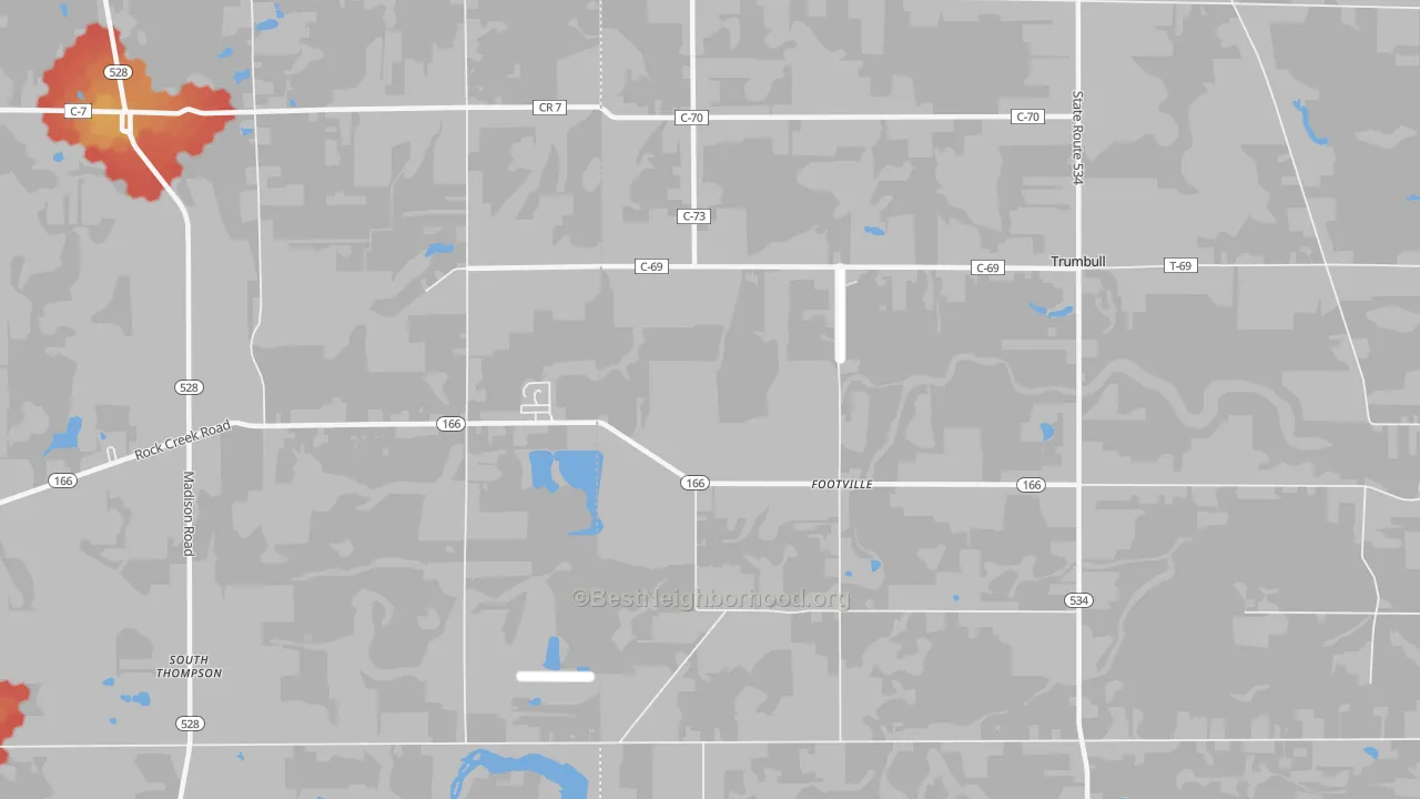Walk Grade map of Footville, OH, walkable areas in green and car-dependent areas in red