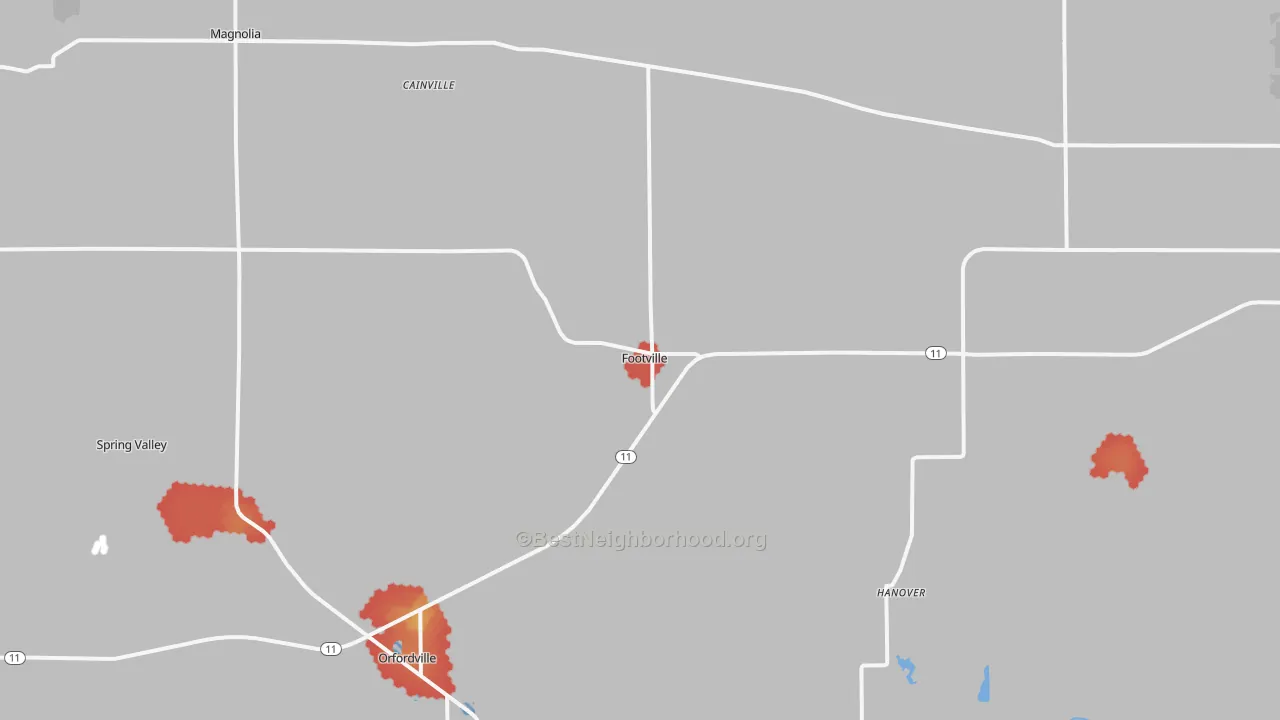 Walk Grade map of Footville, WI, walkable areas in green and car-dependent areas in red