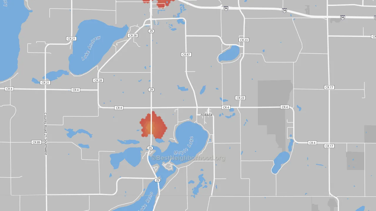 Walk Grade map of Forada, MN, walkable areas in green and car-dependent areas in red