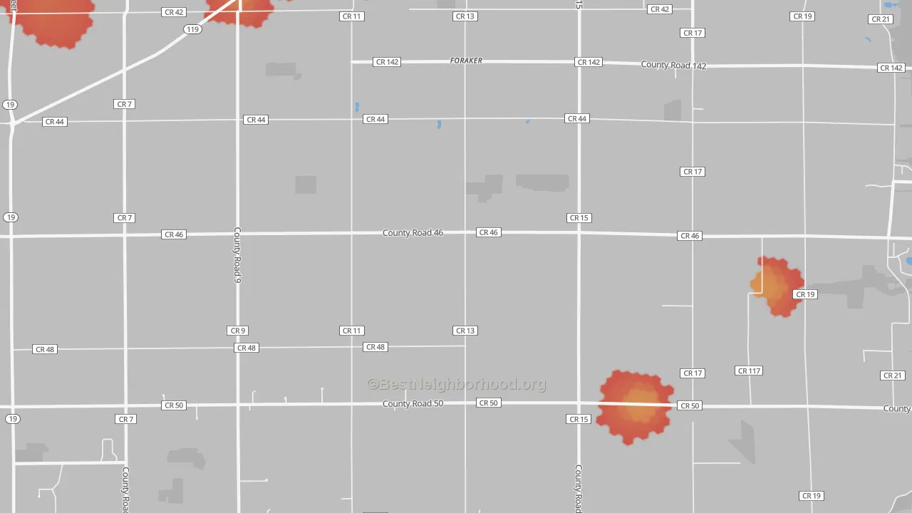 Walk Grade map of Foraker, IN, walkable areas in green and car-dependent areas in red