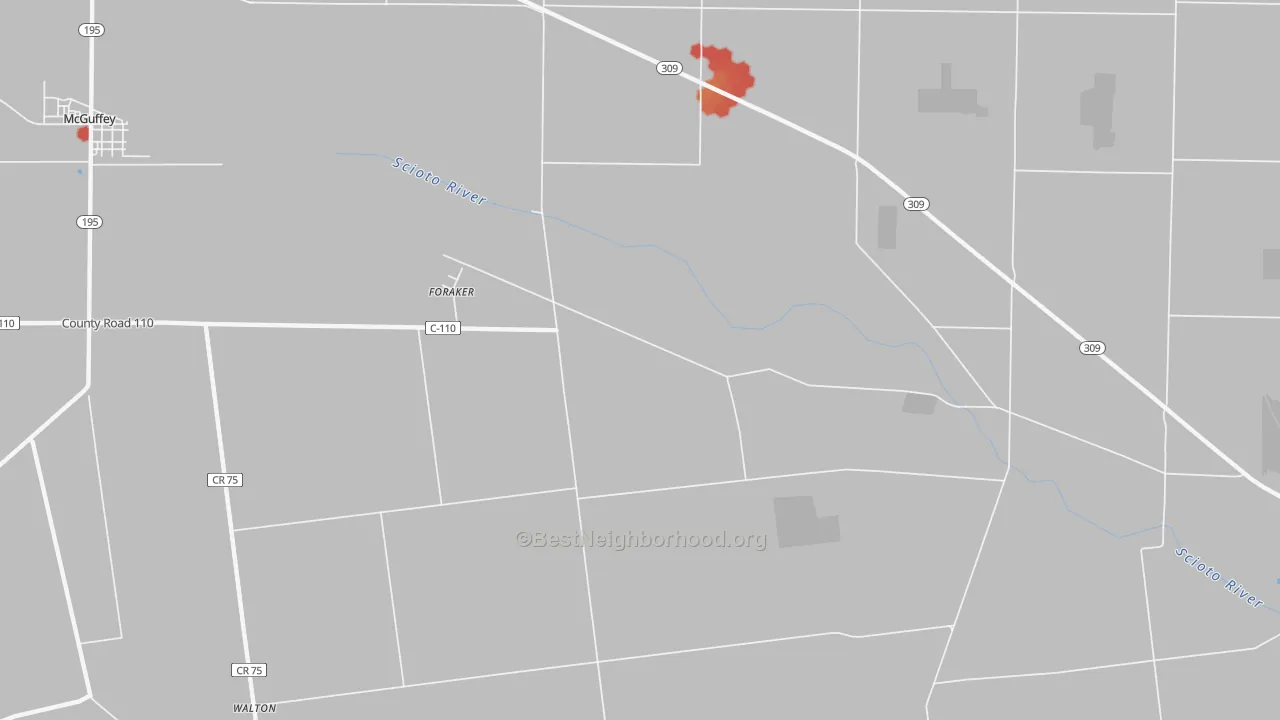 Walk Grade map of Foraker, OH, walkable areas in green and car-dependent areas in red