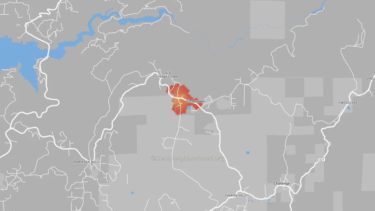 Walk Grade map of Forbestown, CA, walkable areas in green and car-dependent areas in red