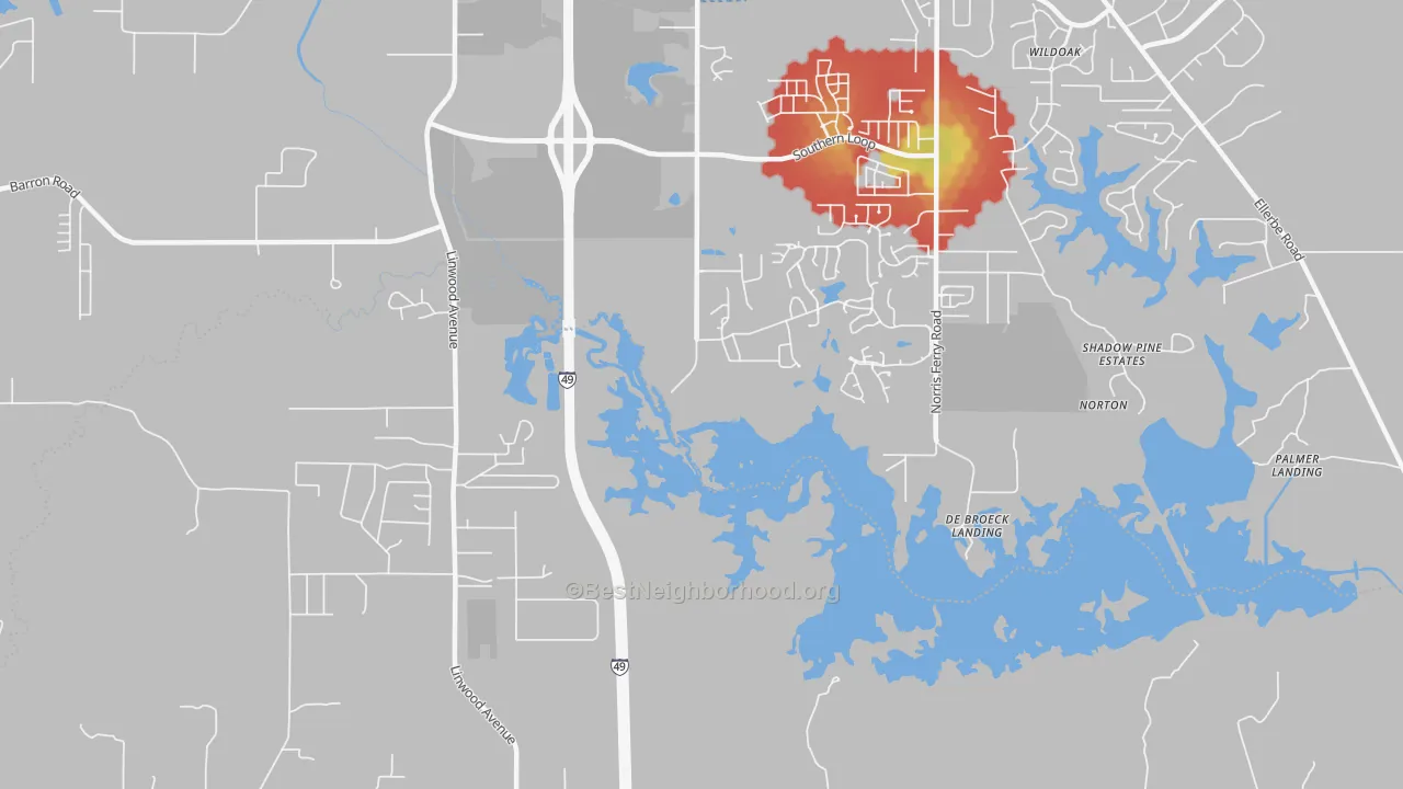 Walk Grade map of Forbing, LA, walkable areas in green and car-dependent areas in red