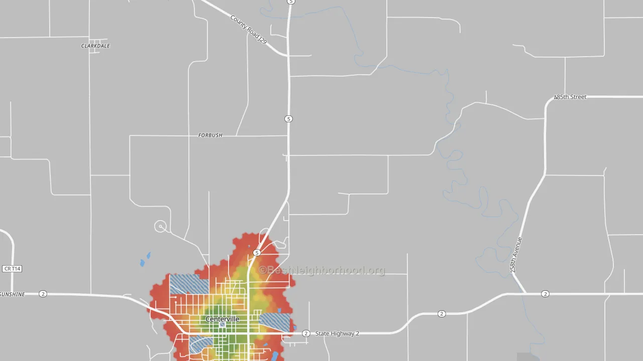 Walk Grade map of Forbush, IA, walkable areas in green and car-dependent areas in red