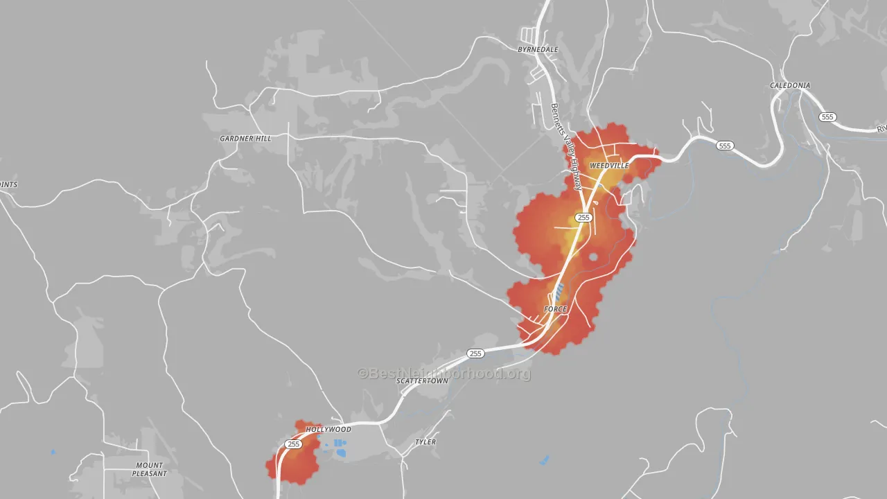 Walk Grade map of Force, PA, walkable areas in green and car-dependent areas in red