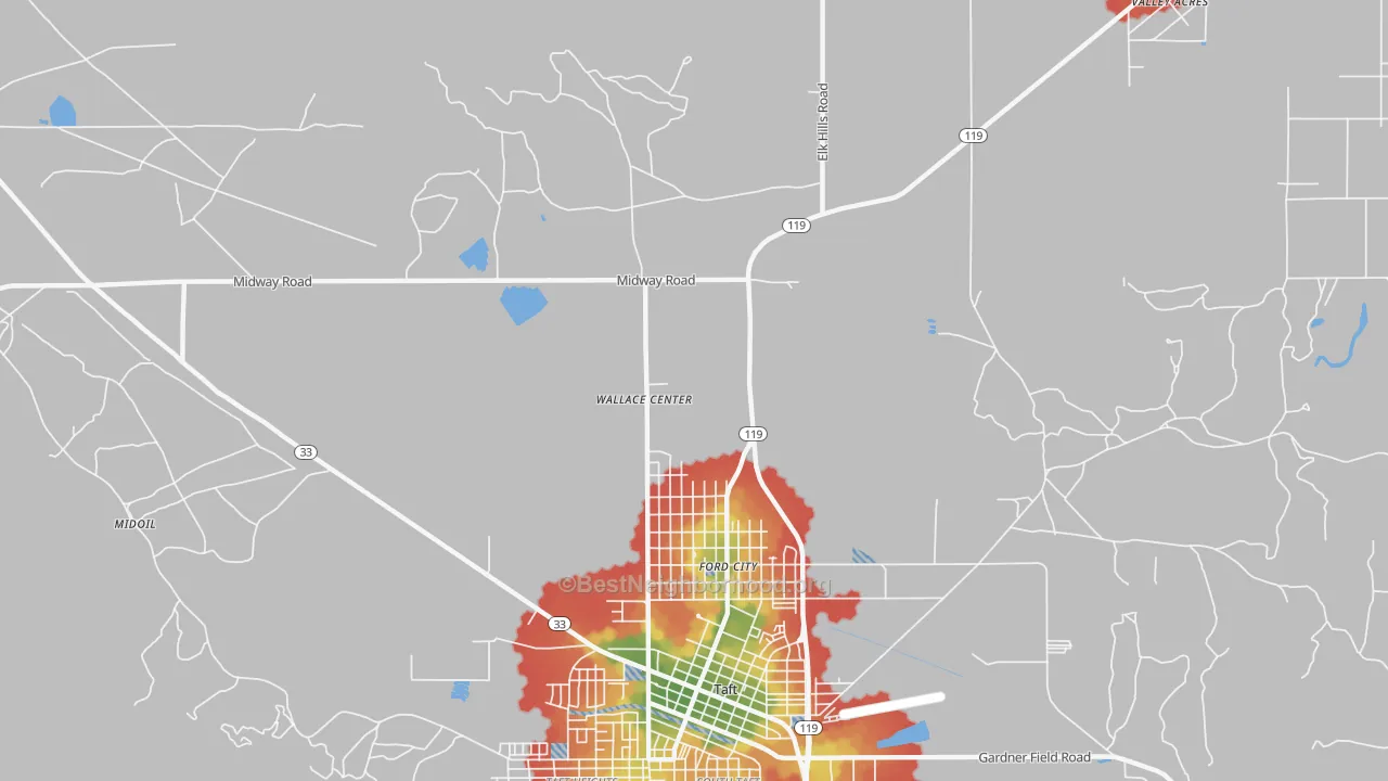 Walk Grade map of Ford City, CA, walkable areas in green and car-dependent areas in red