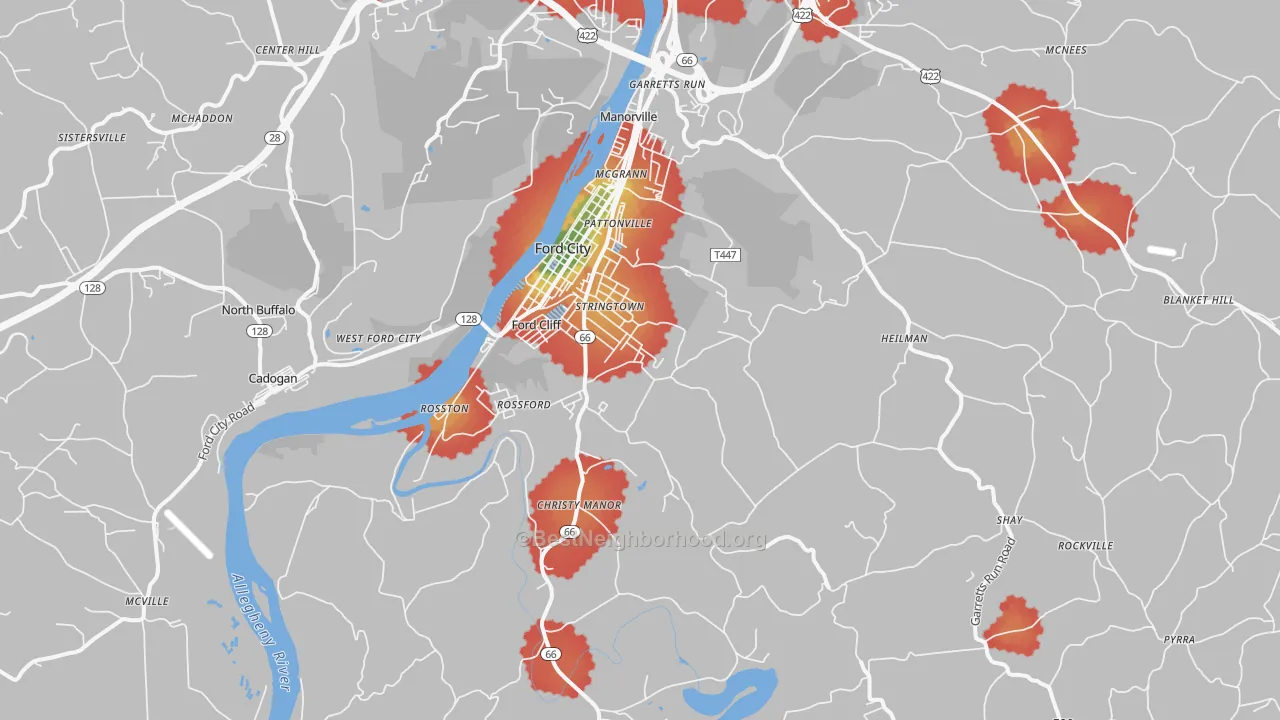 Walk Grade map of Ford City, PA, walkable areas in green and car-dependent areas in red