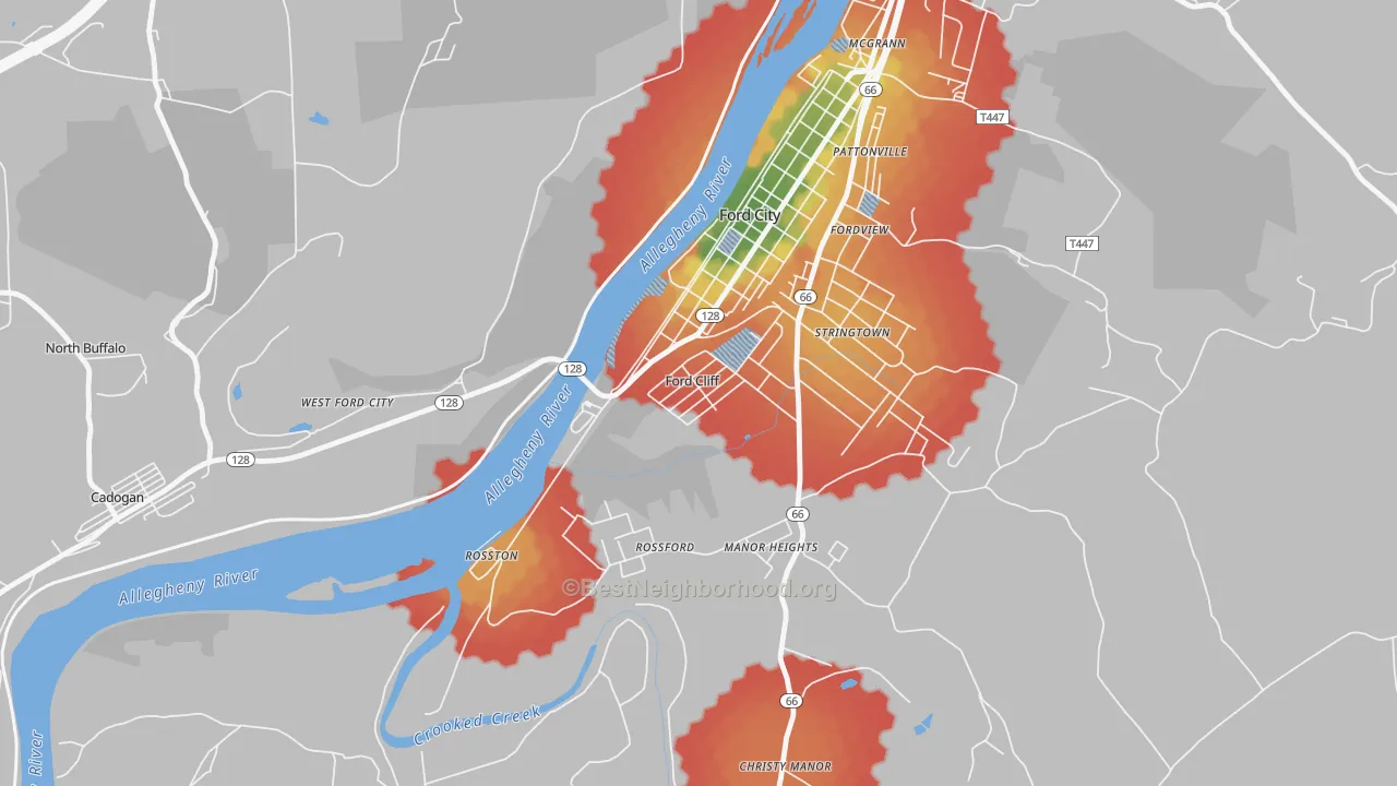 Walk Grade map of Ford Cliff, PA, walkable areas in green and car-dependent areas in red