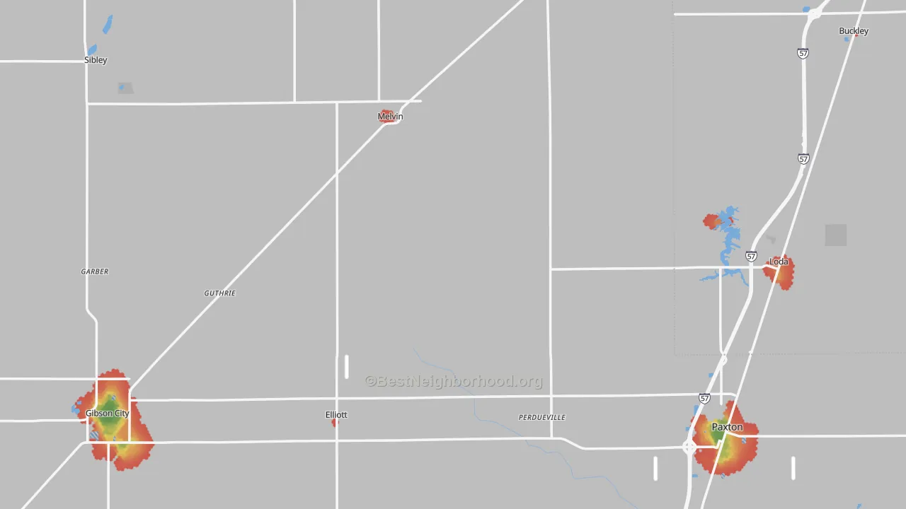 Walk Grade map of Ford County, IL, walkable areas in green and car-dependent areas in red