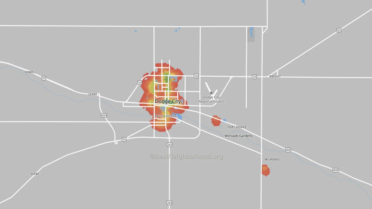 Walk Grade map of Ford County, KS, walkable areas in green and car-dependent areas in red
