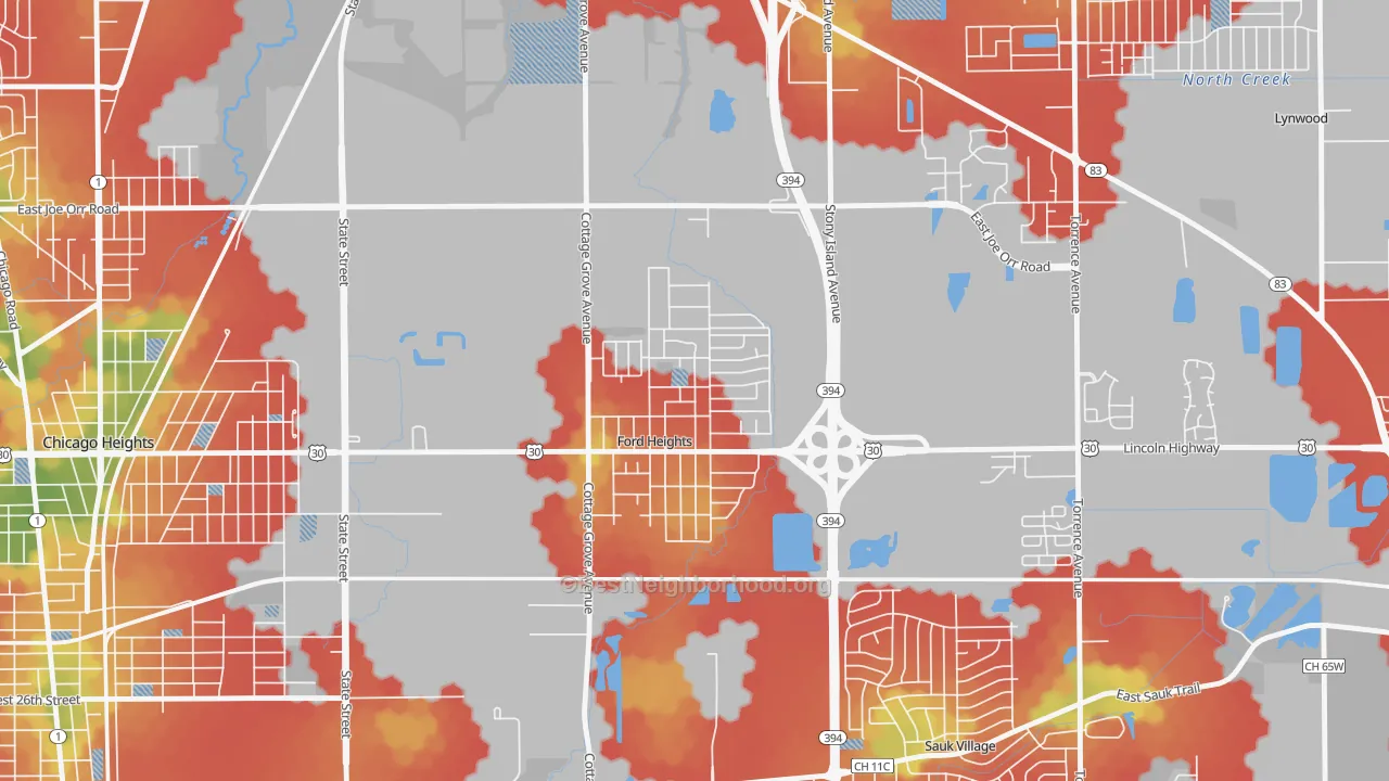 Walk Grade map of Ford Heights, IL, walkable areas in green and car-dependent areas in red