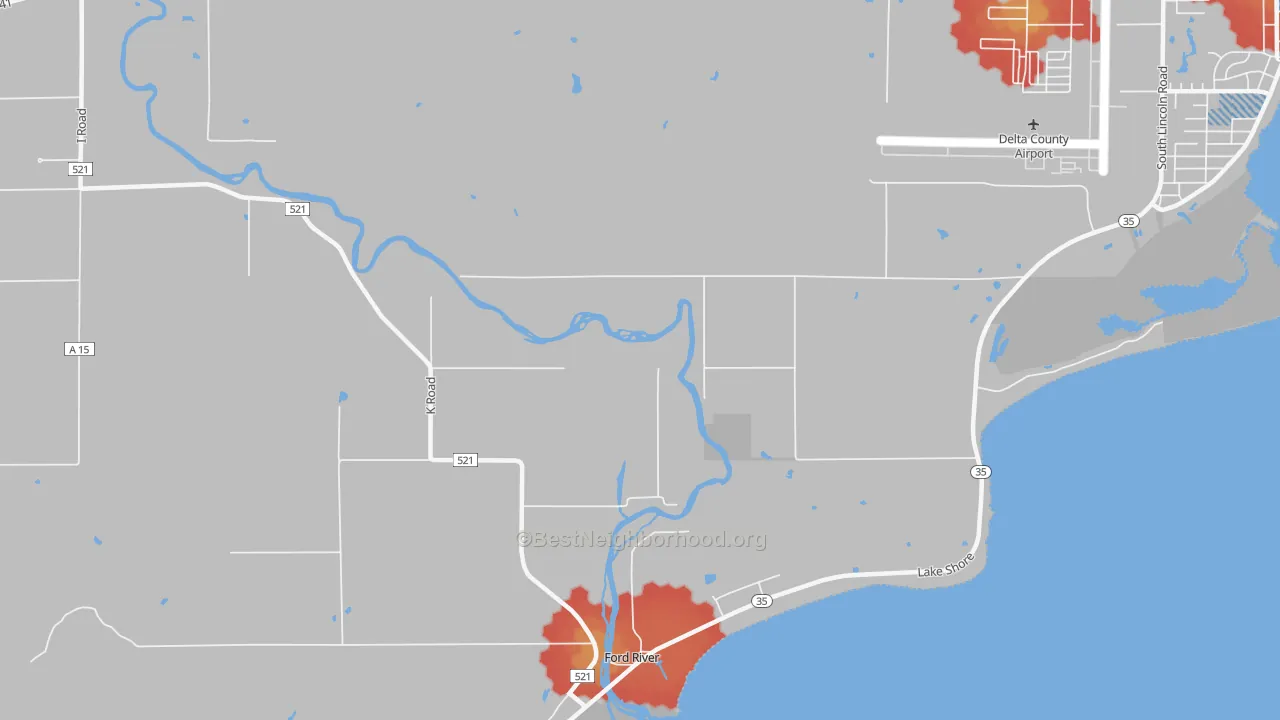 Walk Grade map of Ford River, MI, walkable areas in green and car-dependent areas in red