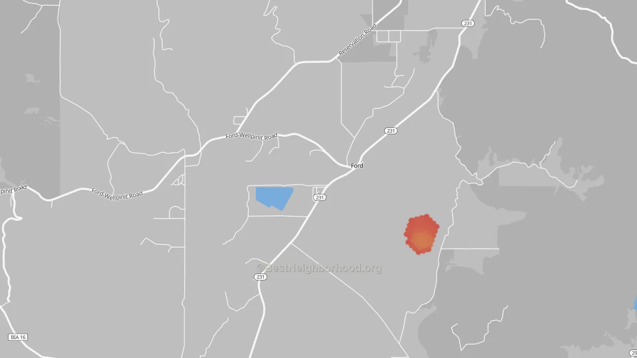 Walk Grade map of Ford, WA, walkable areas in green and car-dependent areas in red