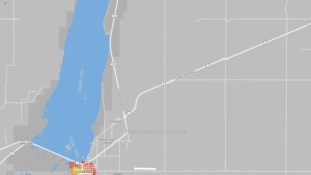 Walk Grade map of Fordair, WA, walkable areas in green and car-dependent areas in red