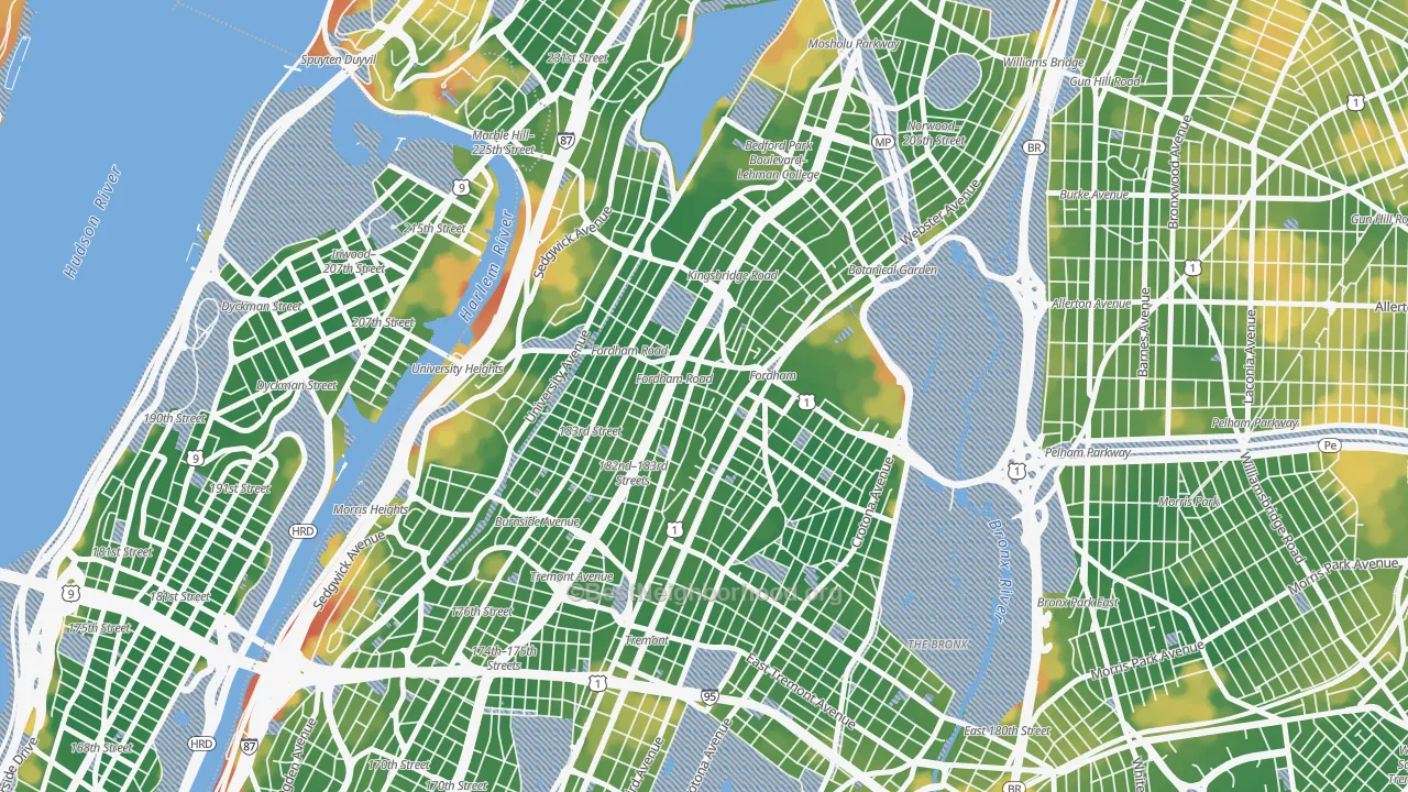 Walk Grade map of Fordham, Bronx, NY, walkable areas in green and car-dependent areas in red