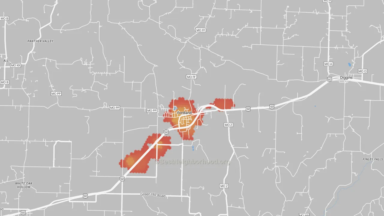 Walk Grade map of Fordland, MO, walkable areas in green and car-dependent areas in red