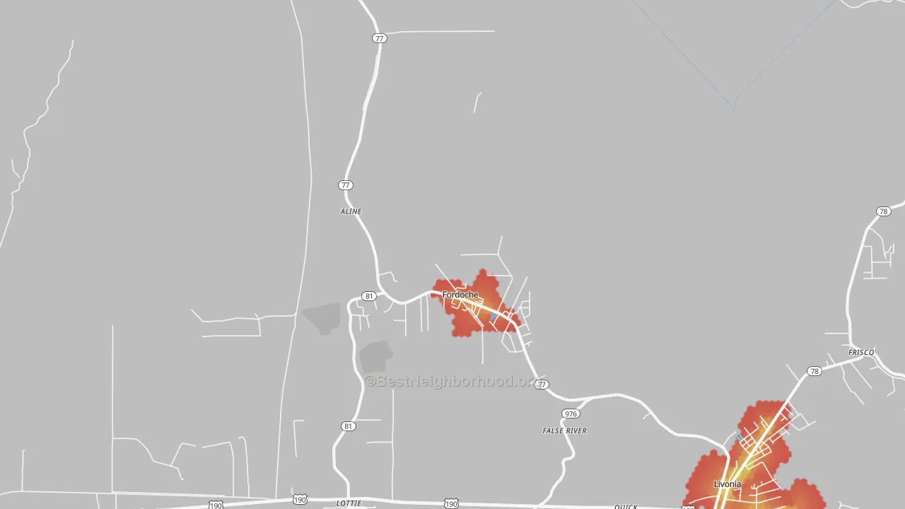 Walk Grade map of Fordoche, LA, walkable areas in green and car-dependent areas in red