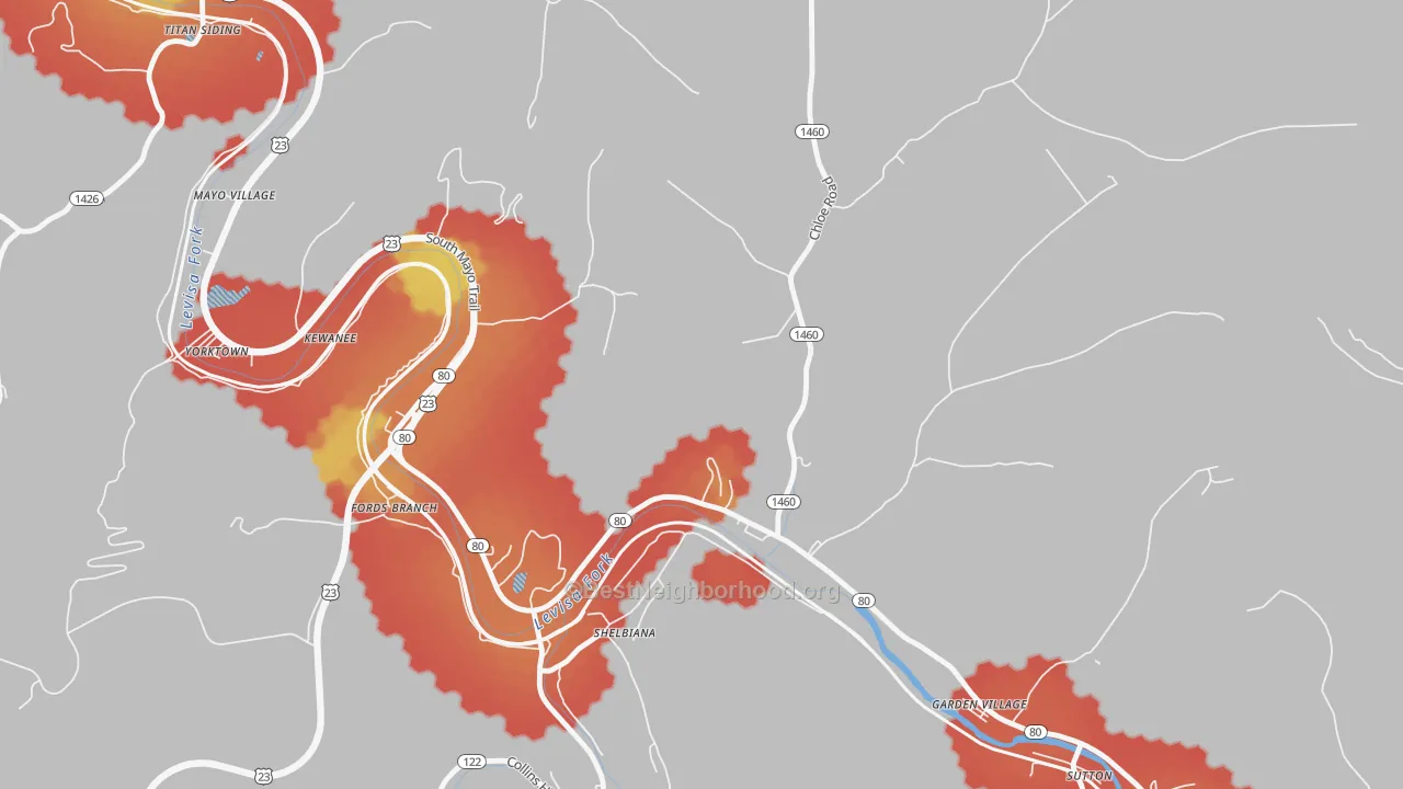 Walk Grade map of Fords Branch, KY, walkable areas in green and car-dependent areas in red