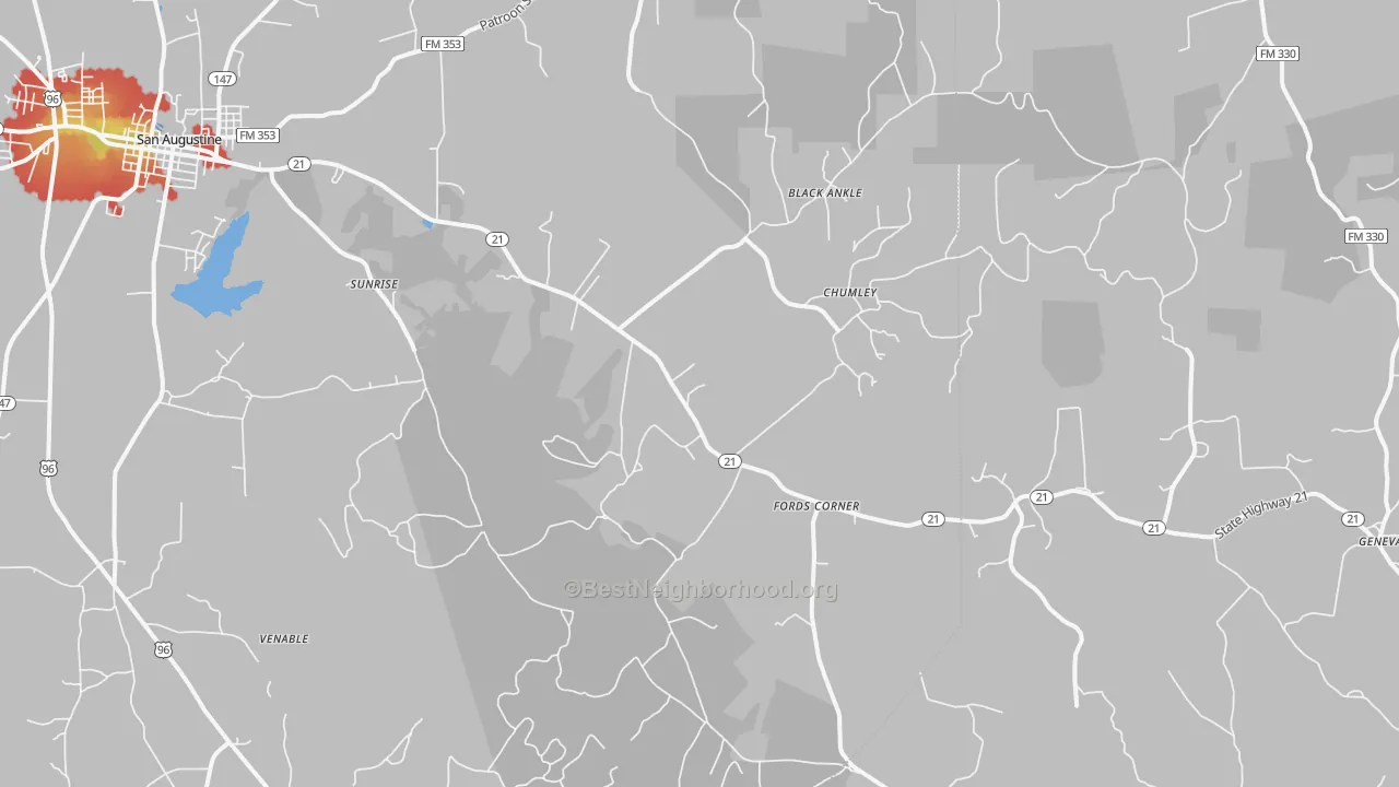 Walk Grade map of Fords Corner, TX, walkable areas in green and car-dependent areas in red