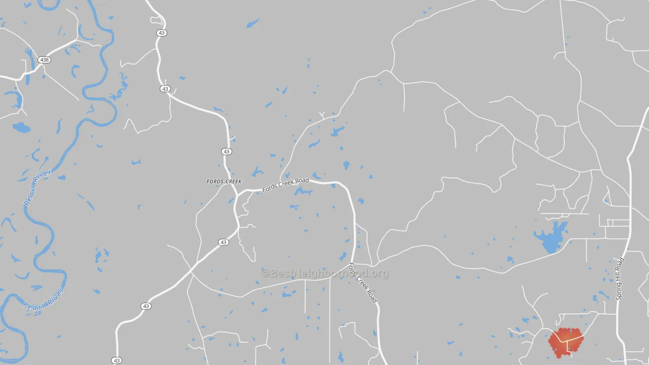 Walk Grade map of Fords Creek, MS, walkable areas in green and car-dependent areas in red