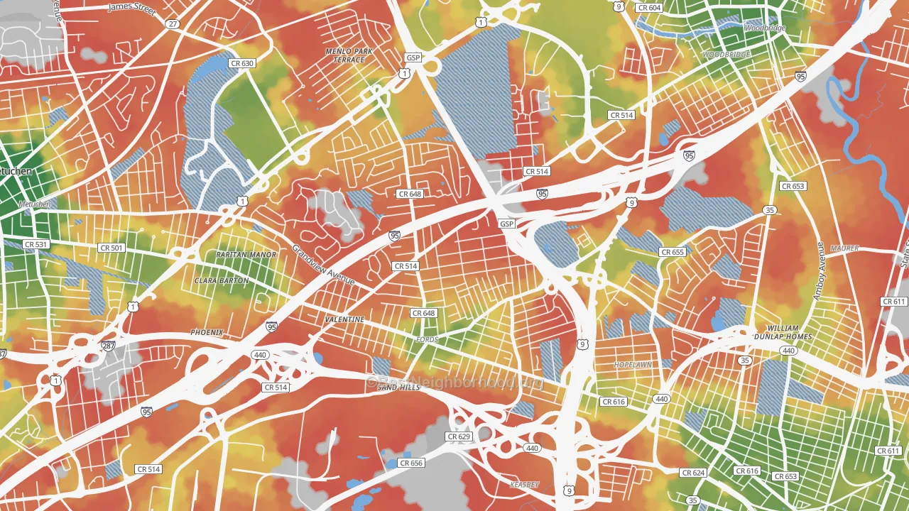 Walk Grade map of Fords, NJ, walkable areas in green and car-dependent areas in red