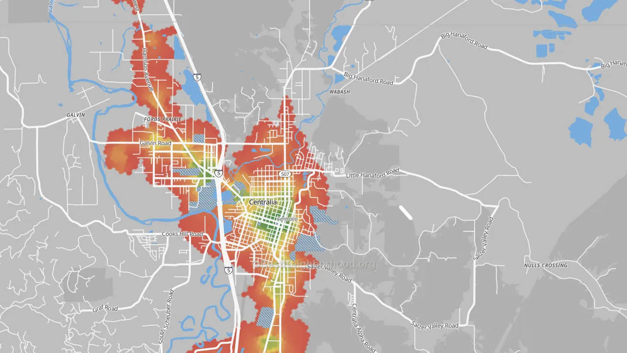 Walk Grade map of Fords Prairie, WA, walkable areas in green and car-dependent areas in red