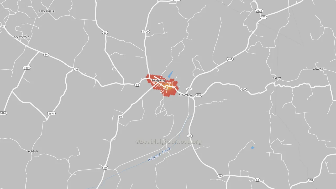 Walk Grade map of Fordsville, KY, walkable areas in green and car-dependent areas in red