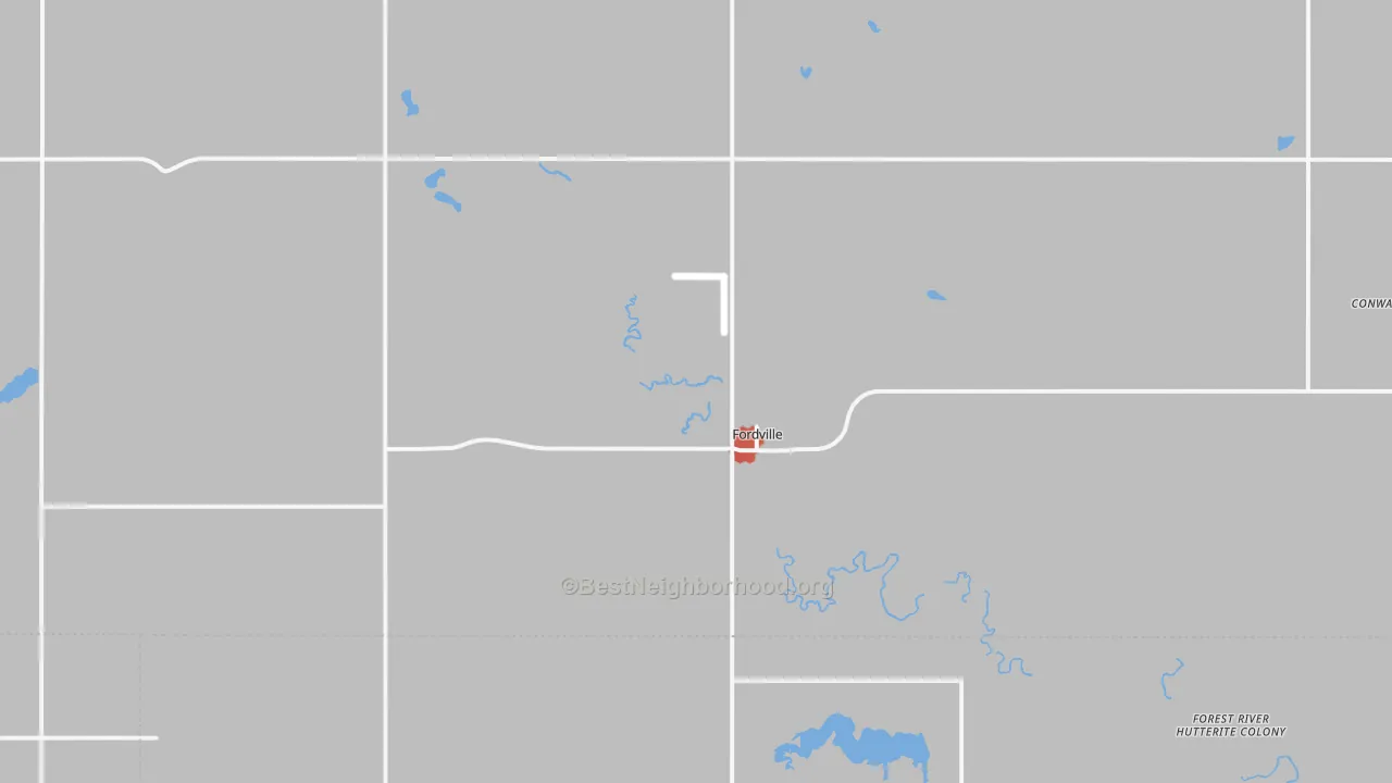 Walk Grade map of Fordville, ND, walkable areas in green and car-dependent areas in red