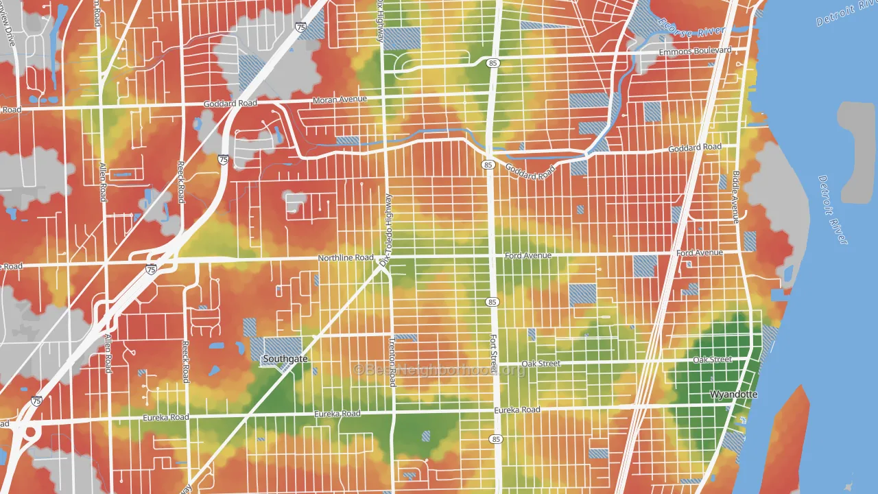 Walk Grade map of Fordville, Southgate, MI, walkable areas in green and car-dependent areas in red