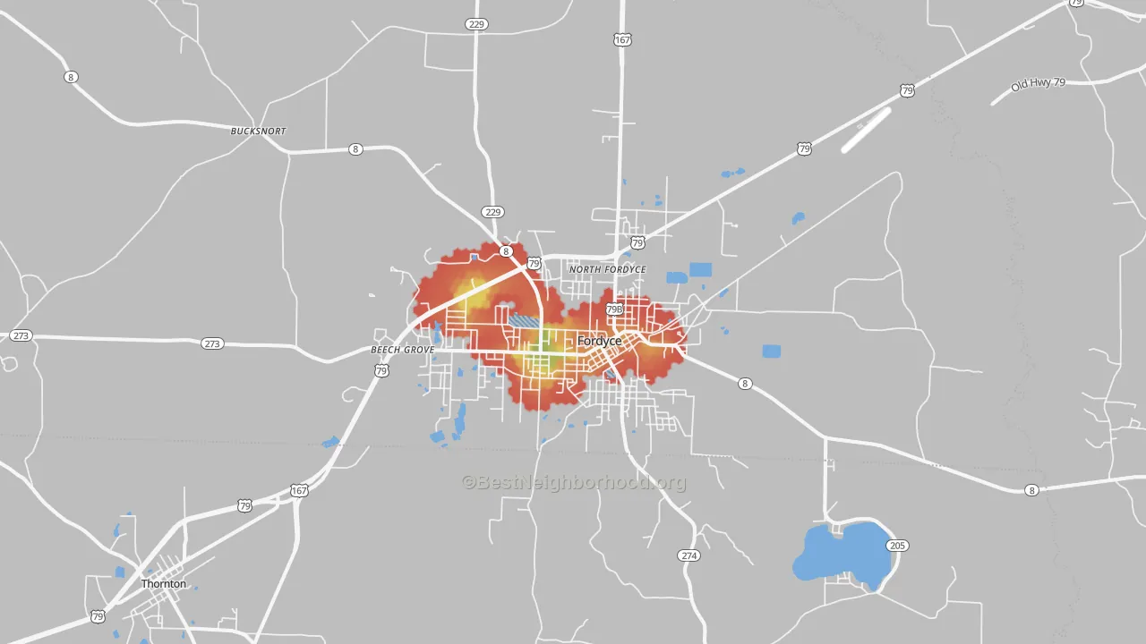 Walk Grade map of Fordyce, AR, walkable areas in green and car-dependent areas in red