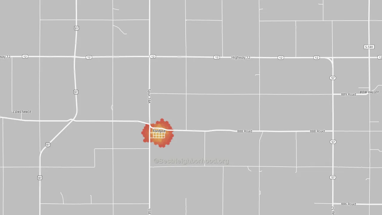Walk Grade map of Fordyce, NE, walkable areas in green and car-dependent areas in red