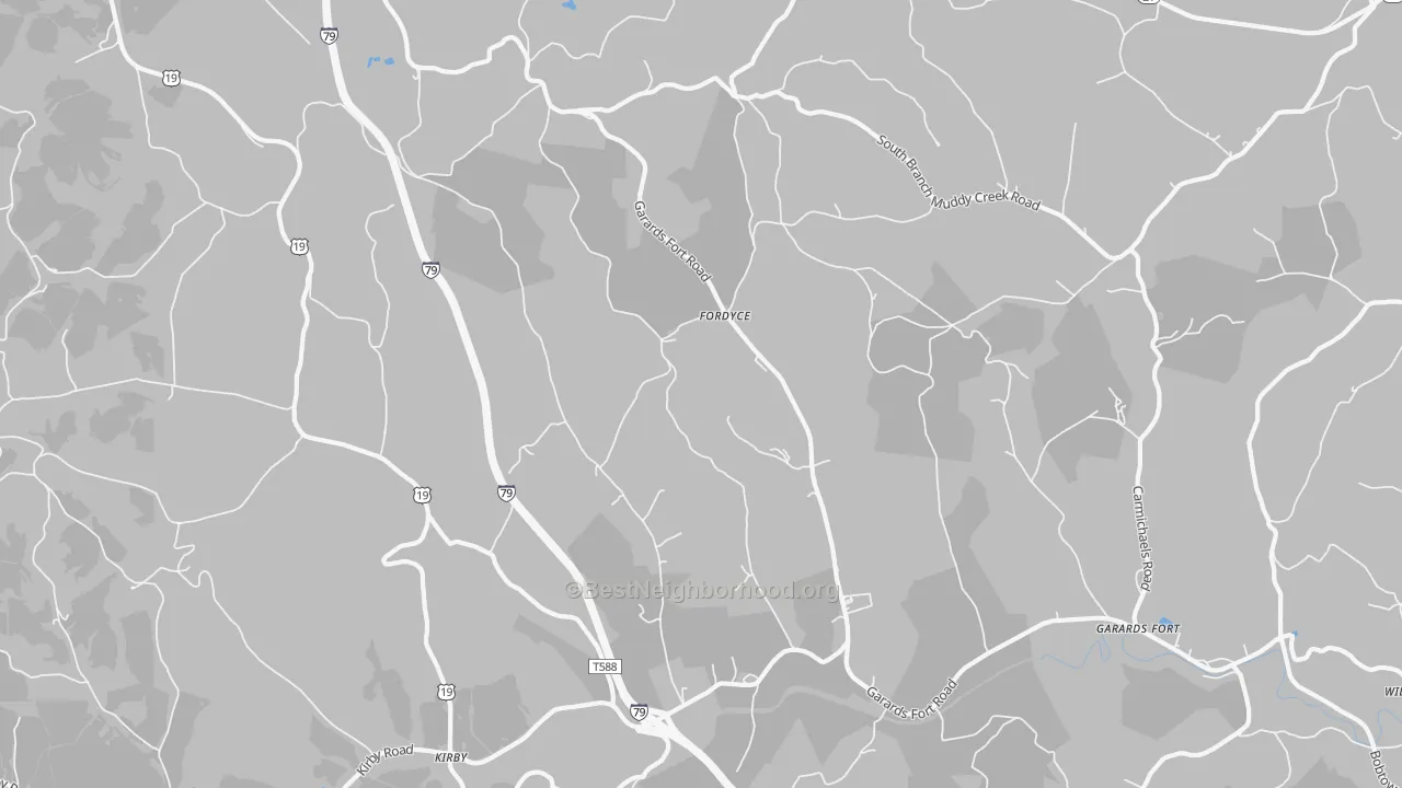 Walk Grade map of Fordyce, PA, walkable areas in green and car-dependent areas in red
