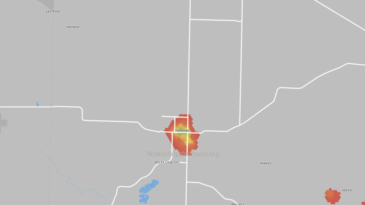 Walk Grade map of Foreman, AR, walkable areas in green and car-dependent areas in red