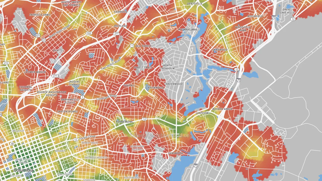 Walk Grade map of Forest Acres, SC, walkable areas in green and car-dependent areas in red
