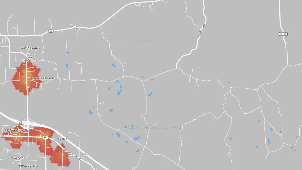 Walk Grade map of Forest, AL, walkable areas in green and car-dependent areas in red