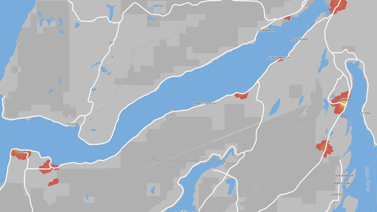 Walk Grade map of Forest Beach, WA, walkable areas in green and car-dependent areas in red