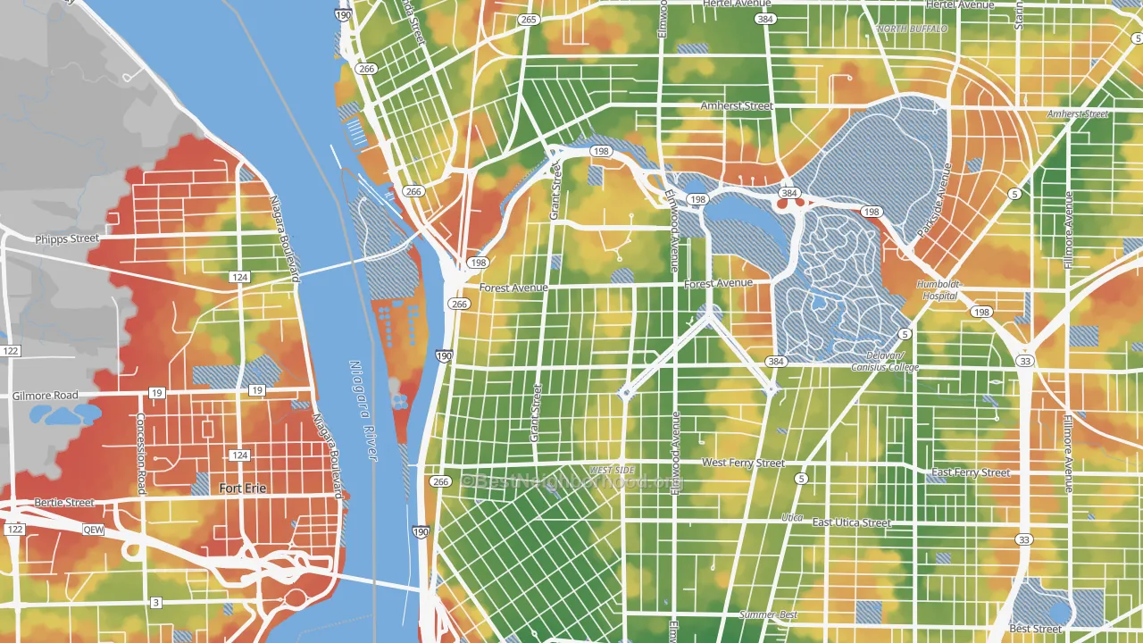 Walk Grade map of Forest, Buffalo, NY, walkable areas in green and car-dependent areas in red