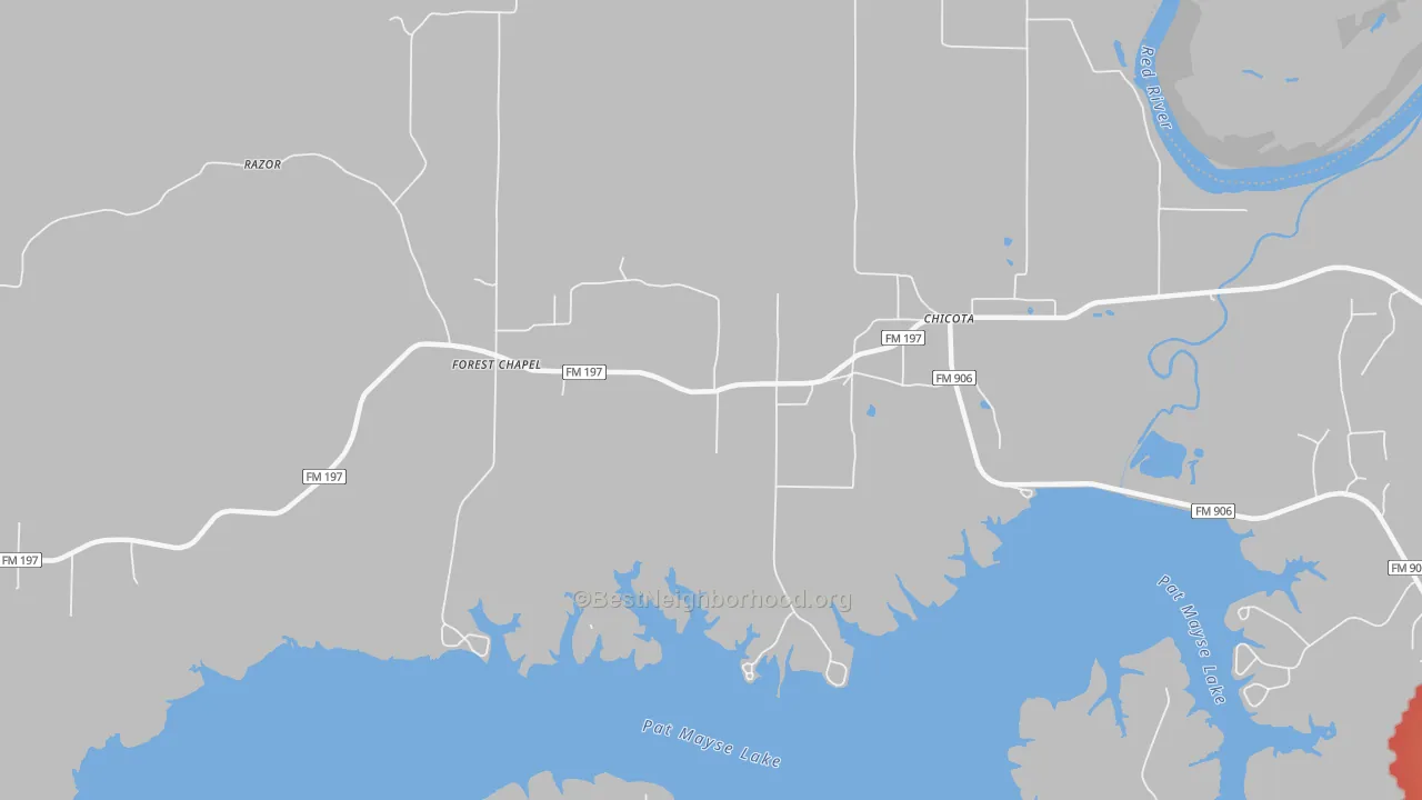 Walk Grade map of Forest Chapel, TX, walkable areas in green and car-dependent areas in red