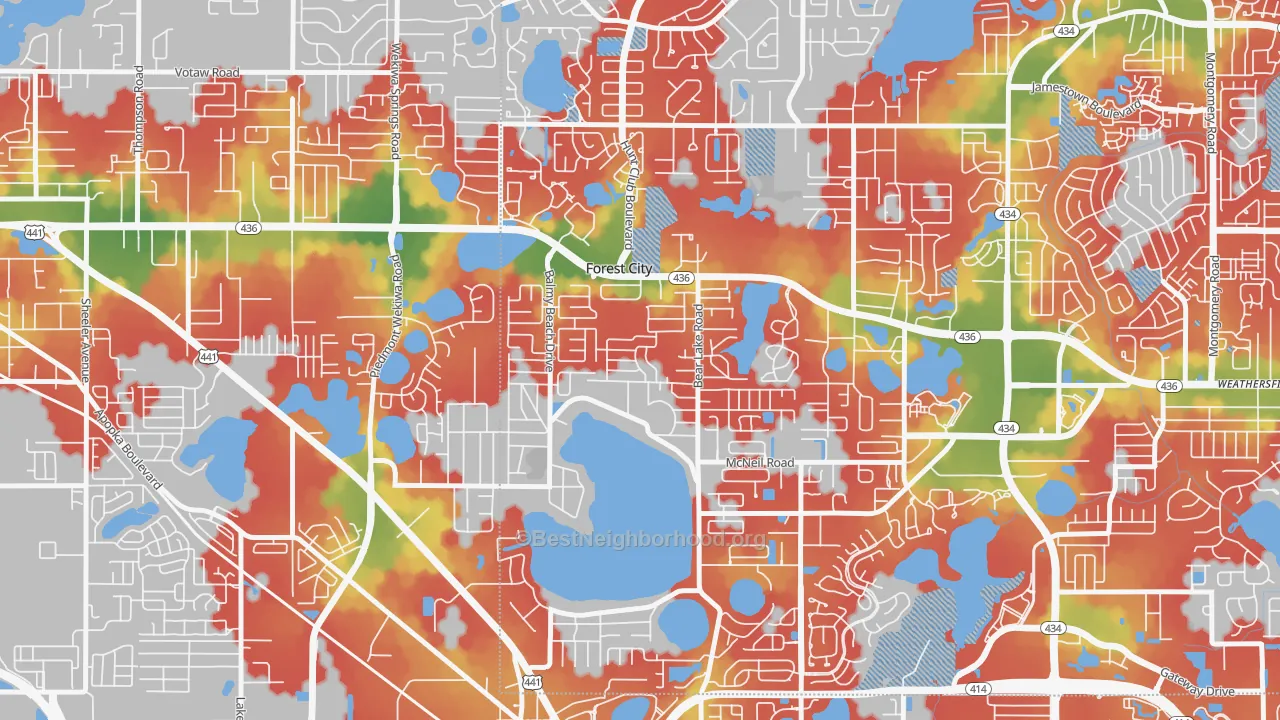 Walk Grade map of Forest City, FL, walkable areas in green and car-dependent areas in red