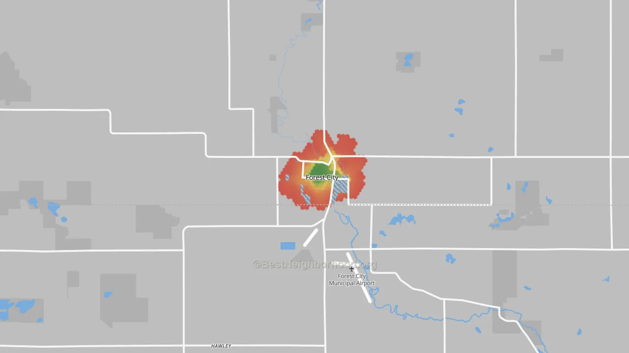 Walk Grade map of Forest City, IA, walkable areas in green and car-dependent areas in red