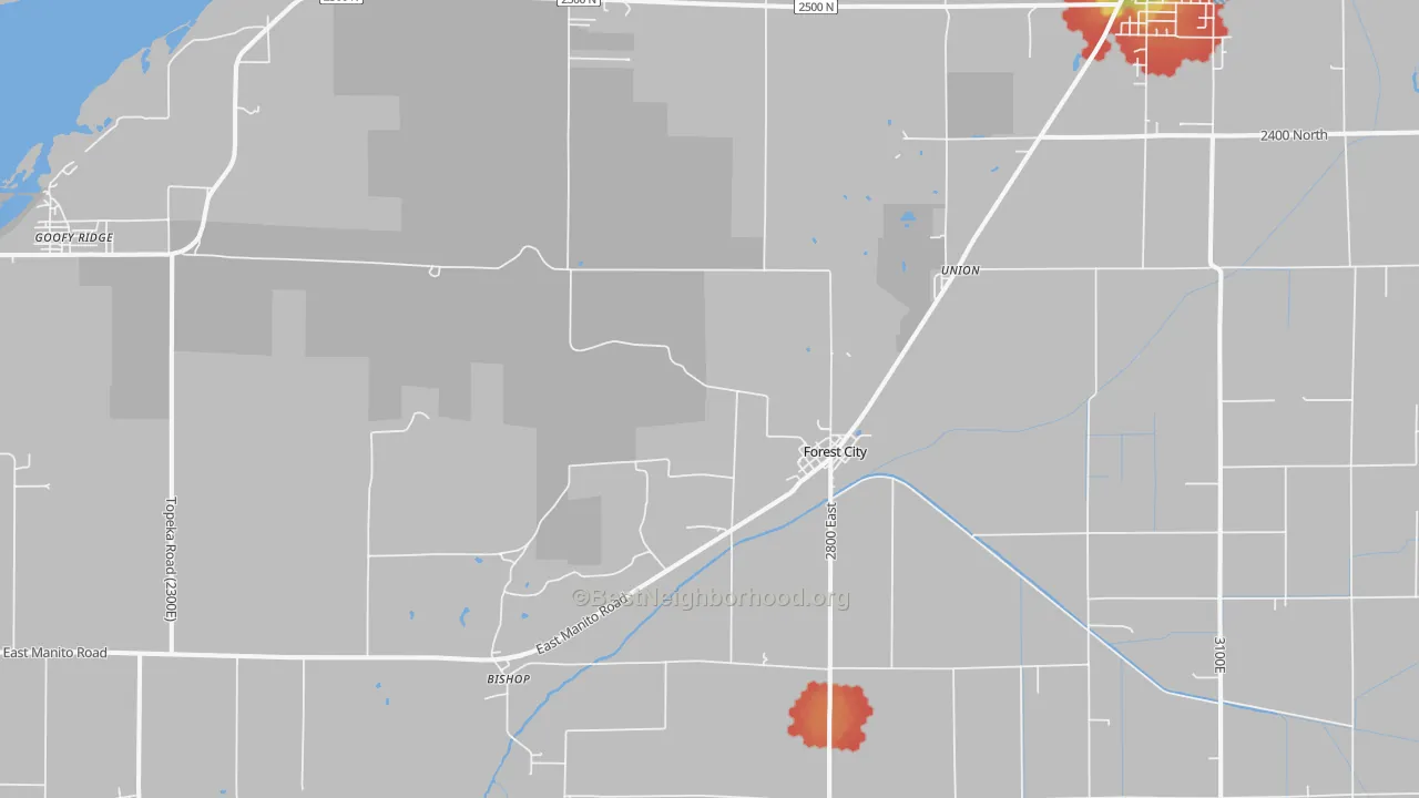 Walk Grade map of Forest City, IL, walkable areas in green and car-dependent areas in red