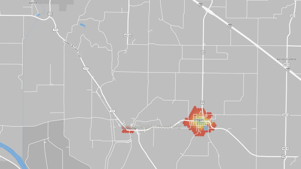 Walk Grade map of Forest City, MO, walkable areas in green and car-dependent areas in red