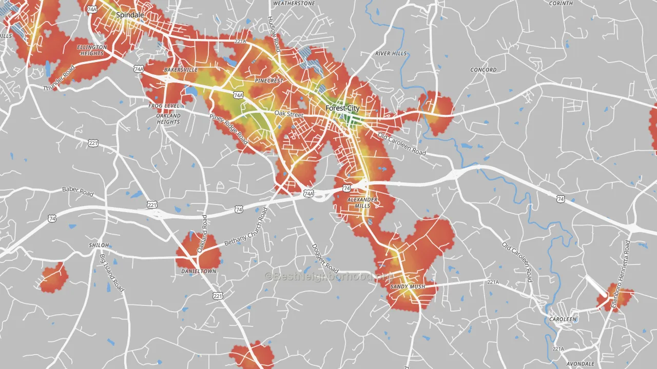 Walk Grade map of Forest City, NC, walkable areas in green and car-dependent areas in red